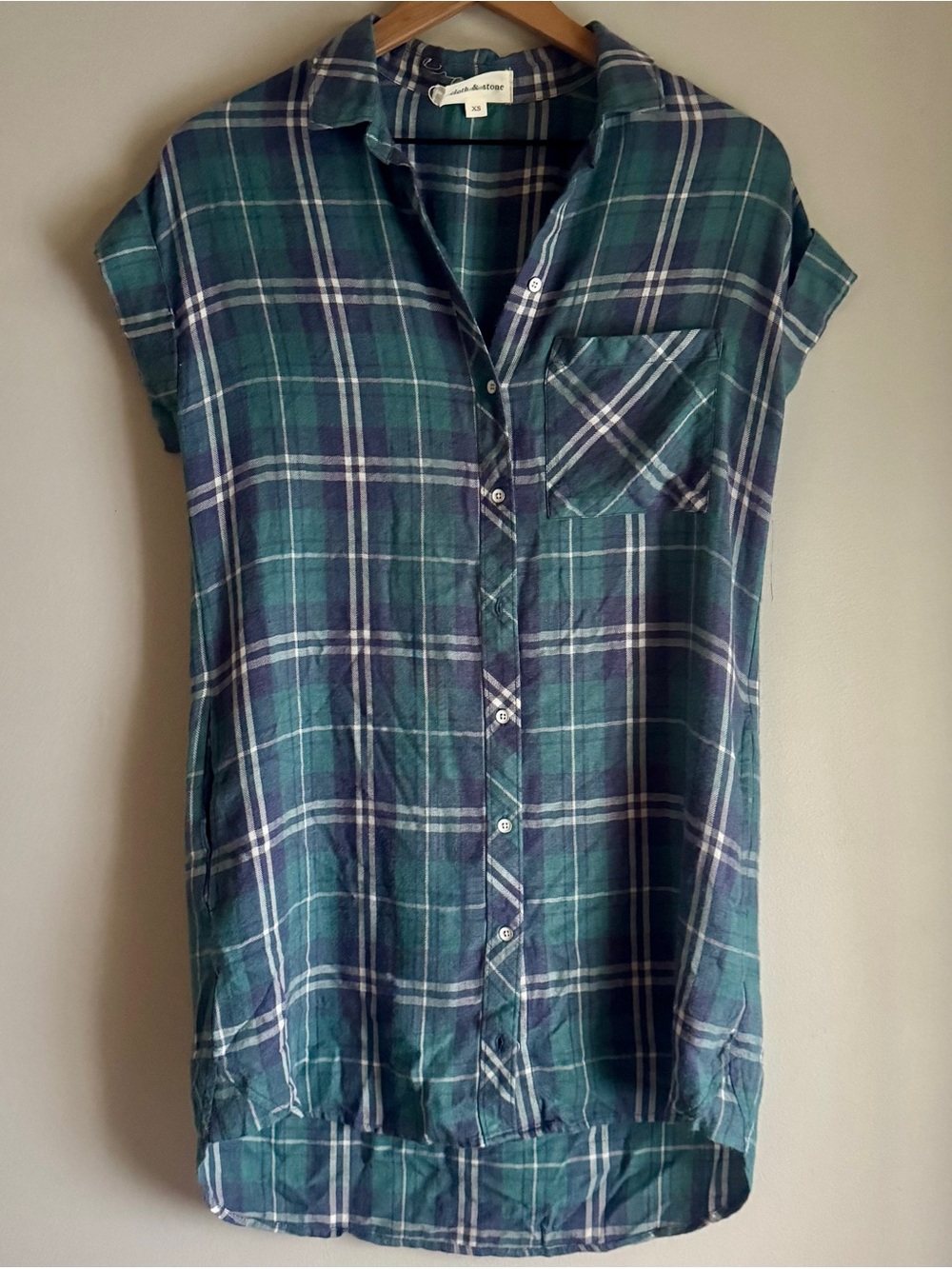Anthropologie Cloth & Stone Green & Navy Plaid Button-Up Tunic Shirt Size XS